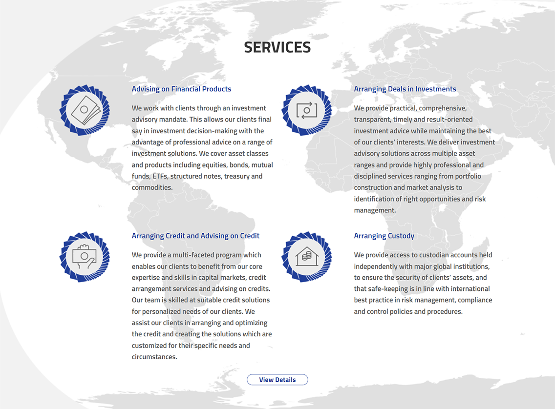 Services section showing financial offerings across asset classes