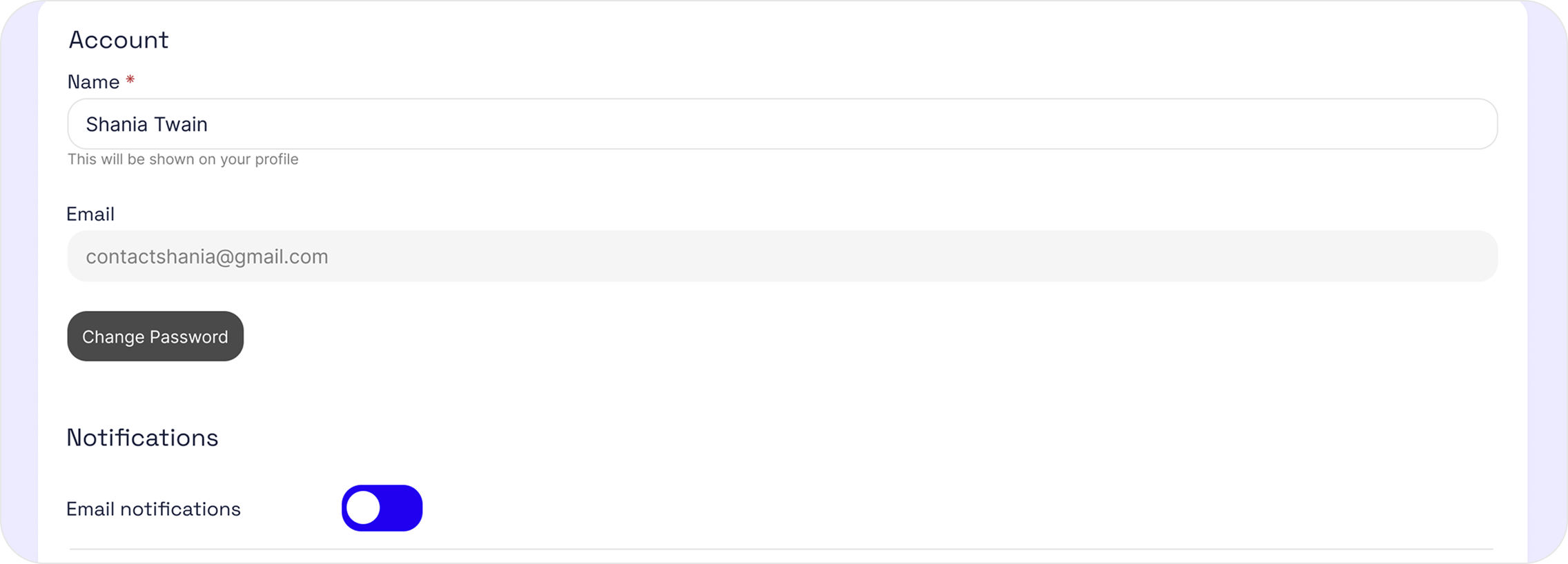 Account Settings showing user profile and notification preferences