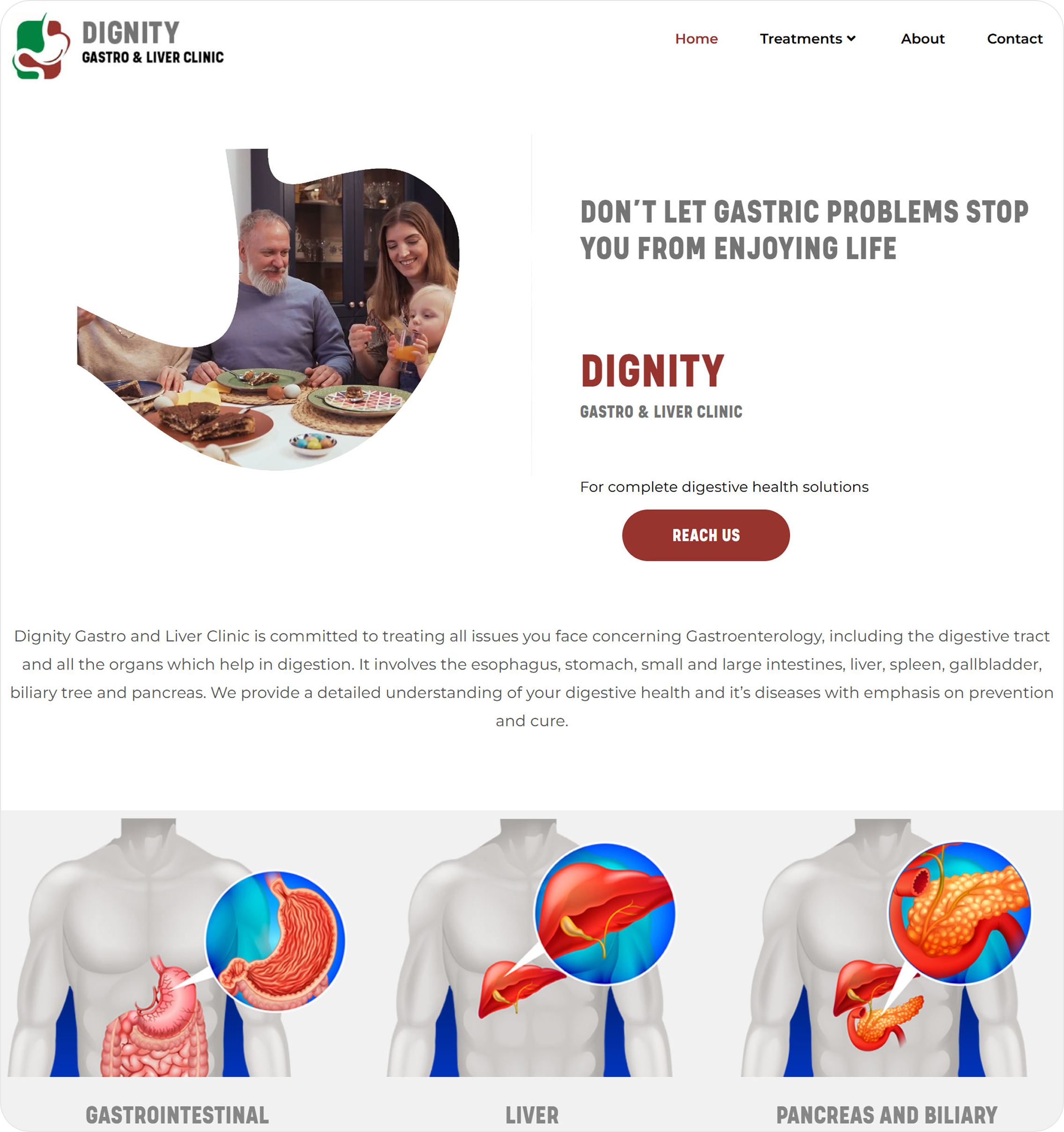 Homepage design for Dignity Gastro & Liver Clinic website showing hero section and digestive health service categories
